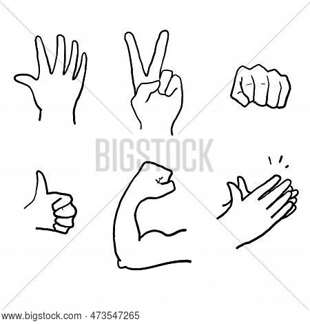Hand Drawn Hand Emojis Gestures Vector Icons Set. Biceps, Fist, Folded Hands, Victory. Doodle