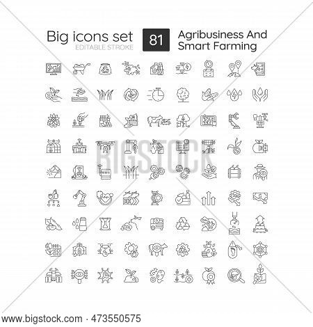 Agribusiness And Smart Farming Linear Icons Set. Agriculture Technologies. E-agriculture. Process Au