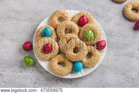 White Plate With Traditional Greek Easter Cookies Koulourakya Or Koulourya Shortbread Rings With Ses
