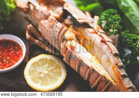 Spiny Lobster Food On Plate, Fresh Lobster Or Rock Lobster Seafood With Herb And Spices Lemon Corian