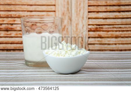 Glass Of Milk, Cup Of Fresh Cottage Cheese. Fresh Farm Dairy Products, Simple Rustic Still Life