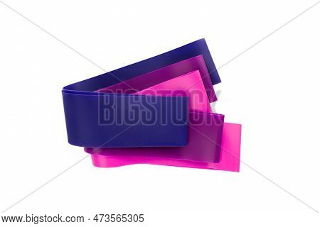Fitness Elastic Band. Woman Showing A Blue Rubber Band. Sport And Healthy Active Lifestyle Concept. 