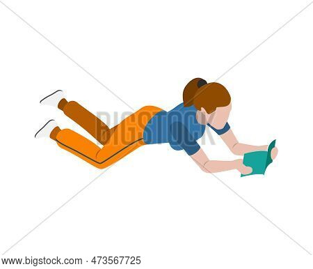 Female Astronaut Reading Book In Zero Gravity State 3d Isometric Vector Illustration