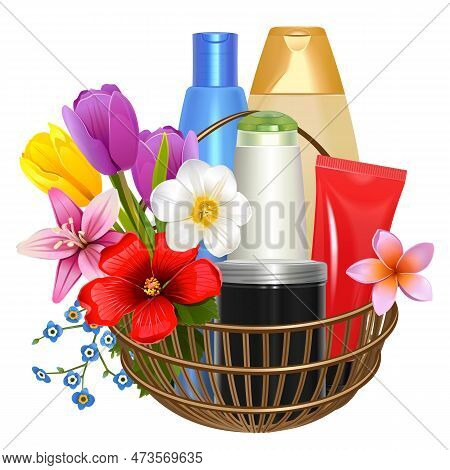 Vector Wicker Basket With Flowers And Cosmetics Isolated On White Background