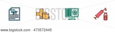 Set Medical Certificate For Dog Or Cat, Veterinary Clinic, Clinical Record Pet On Monitor And Syring