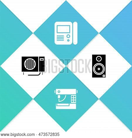 Set Air Conditioner, Sewing Machine, House Intercom System And Stereo Speaker Icon. Vector