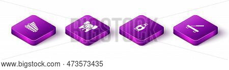 Set Isometric Pan Flute, Elephant, Indian Vase And Scented Spa Stick Icon. Vector