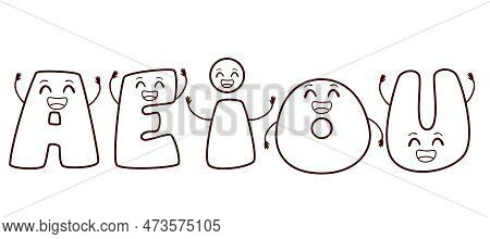 Outline Vector Illustration Of Vowels Mascot Characters. Education Elements Back To School Concept