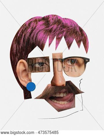 Extraordinary Look. Face Made Of Diverse People Face Parts And Combined Like Puzzle. Youth And Matur