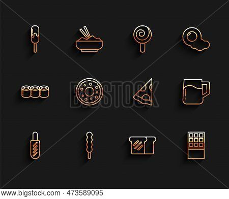 Set Line Hotdog Sandwich, Lollipop, Ice Cream, Bread Toast, Chocolate Bar, Donut, Wooden Beer Mug An