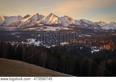Beautiful Morning Mountain Landscape. View Of The Tatra Mountains From The Polish Village Of Lapszan