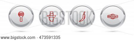 Set Line Maracas, Mexican Man Sombrero, Hot Chili Pepper Pod And Wrestling Championship Belt. Silver