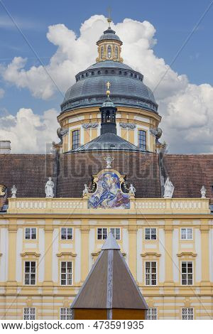 Melk, Austria - February 24, 2023: Melk Abbey On Hill Above Town, Facade Of Building On Prelate's Co
