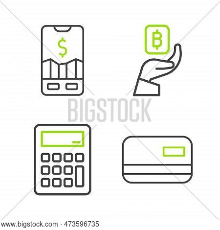 Set Line Credit Card, Calculator, Hand Holding Bitcoin And Mobile Stock Trading Icon. Vector