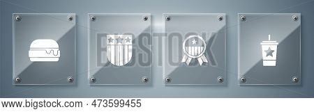 Set Paper Glass With Straw, Medal Star, Shield Stars And Burger. Square Glass Panels. Vector