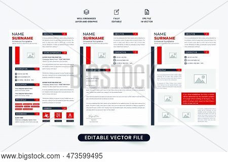 Creative Employee Resume, Cover Letter, And Portfolio Layout Vector With Red And Dark Colors. Modern
