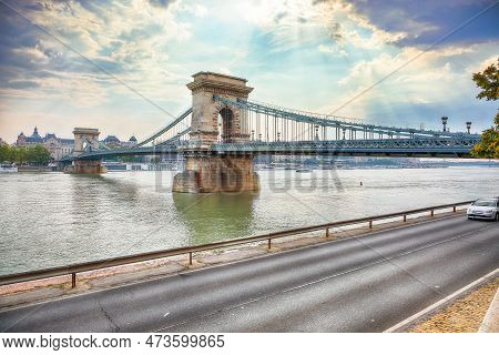 Breathtaking Cityscape Of Budapest  With  Széchenyi Chain Bridge Over Danube River. Location: Budape