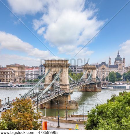 Breathtaking Cityscape Of Budapest  With  Széchenyi Chain Bridge Over Danube River. Location: Budape