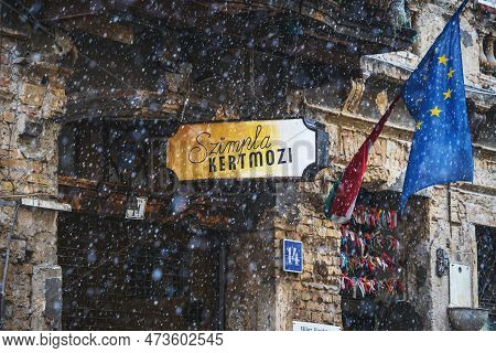Szimpla Kert, Famous Ruin Pub In Budapest, Entrance Sign In Winter. Budapest, Hungary - February 2, 