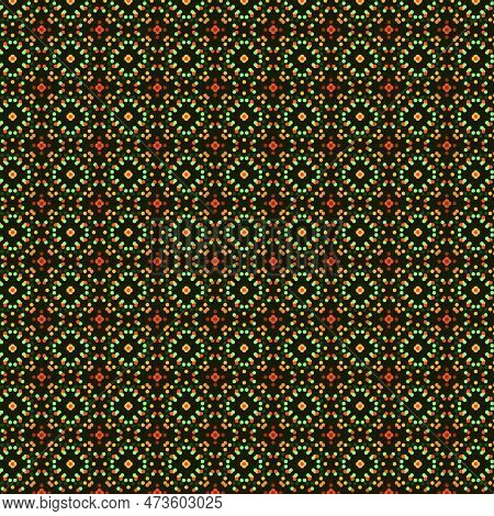 Bright Yellow, Orange, Green And Red Polka Dots On A Dark Green Background Abstract Simple Geometric