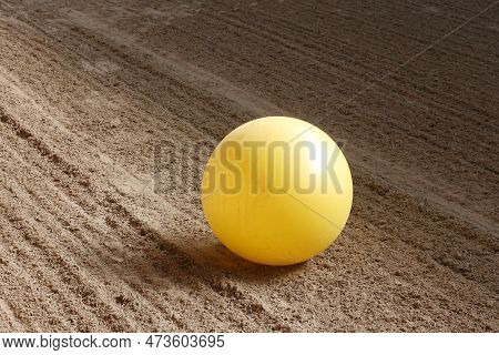 Plastic Physioball On The Sand During Training For Beginner Riders And Horses At Riding School Indoo