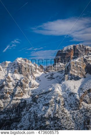 Famous Italian Alps Brenta Dolomites, Snow On The Slopes Of The Alps Madonna Di Campiglio, Pinzolo, 