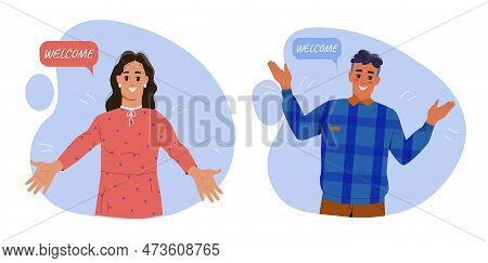 Man And Woman Say Welcome. Set Of Friendly And Cheerful Characters. Employees Or Students Meet Newco