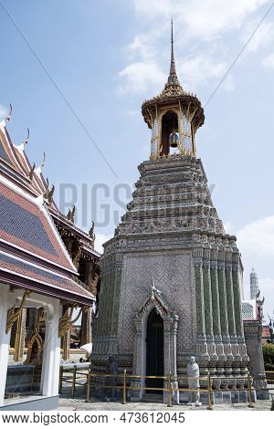 Bangkok, Thailand- 13 Feb, 2023: Green And Blue Mosaic Bell Tower Called Ho Rakhang In Grand Palace,