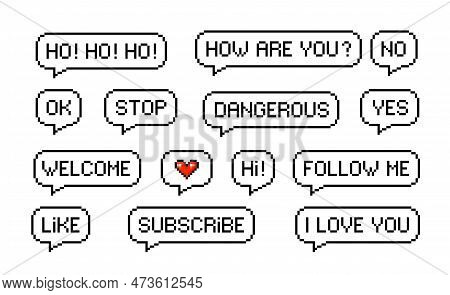 Pixel Speech Bubble Messages, Like Subscribe And Follow, Vector Game Talk Text. 8 Bit Pixel Art Chat