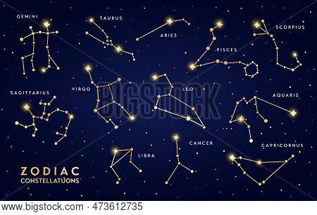 Golden Zodiac Constellations. Vector Bright Gold Gemini, Taurus, Aries, Pisces And Scorpius, Aquariu