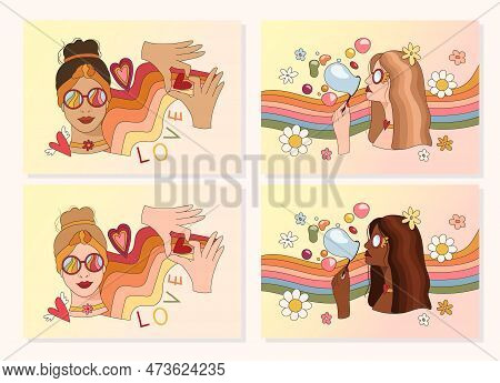 Groovy Hippie Girls Portrait With Rainbow And Flowers, 70s Retro Women Face, Funny Positive Poster P