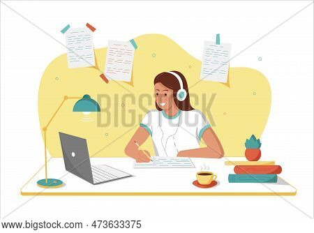 Online Education. Girl Study Online At Computer. Vector Illustration For Landing Page And Web Templa