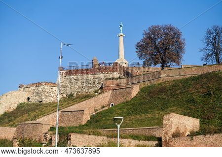Belgrade, Serbia December 15, 2022: View Of Kalemegdan And The Monument To The Winner Belgrade, Serb
