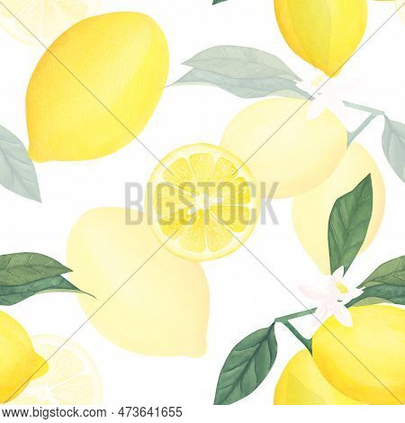 Yellow Lemons Watercolor Seamless Pattern. Beautiful Hand Drawn Texture. Romantic Background For Web