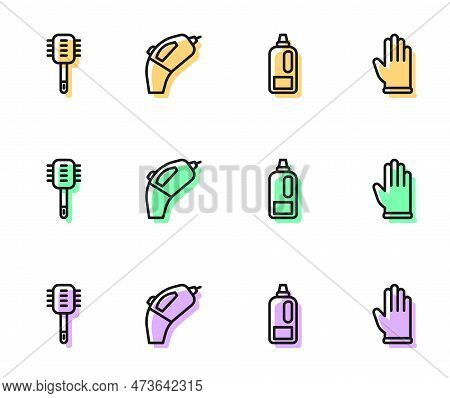 Set Line Bottle For Detergent, Toilet Brush, Portable Vacuum Cleaner And Rubber Gloves Icon. Vector