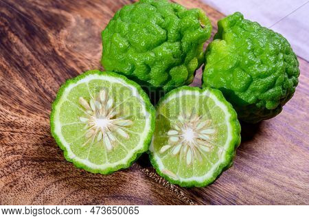 Citrus Hystrix, Kaffir Lime Or Makrut Lime, Citrus Fruit Native To Tropical Southeast Asia. Fruit An