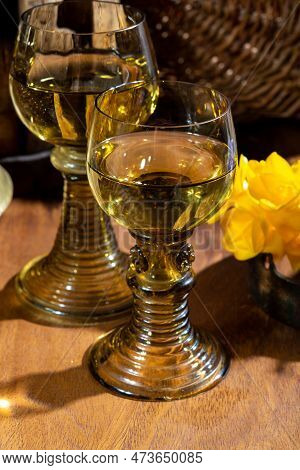 Antique German Glassware, Old Dutch Style Rummer Or Roemer Glasses With White Wine And Flowers
