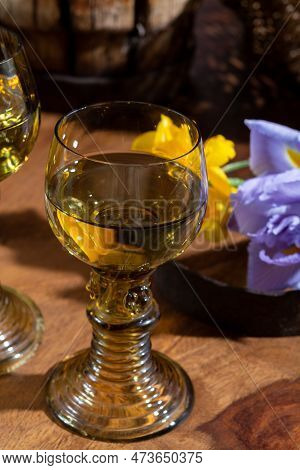 Antique German Glassware, Old Dutch Style Rummer Or Roemer Glasses With White Wine And Flowers