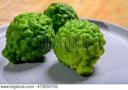 Citrus Hystrix, Kaffir Lime Or Makrut Lime, Citrus Fruit Native To Tropical Southeast Asia. Fruit An