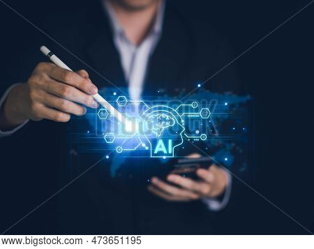 Ai (artificial Intelligence) Growing With Brain. Businessman Data Analytics Information Trends With