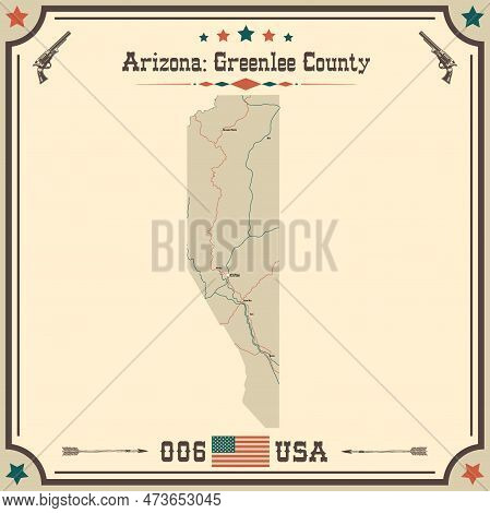 Large And Accurate Map Of Greenlee County, Arizona, Usa With Vintage Colors.