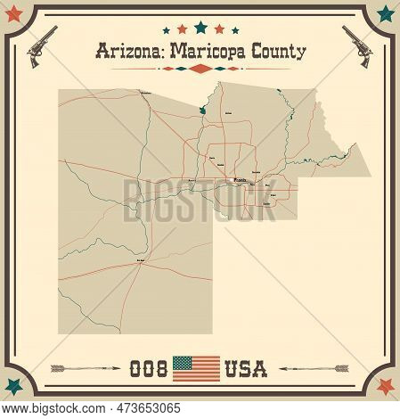 Large And Accurate Map Of Maricopa County, Arizona, Usa With Vintage Colors.