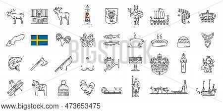 Sweden Line, Lineart, Outline Icons. Swedish History, Food And Landmarks Symbols, European Country T