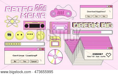 Set Of Y2k Elements, Group Of Vector Objects In Y2k Style, Nostalgic Illustrations, Technologic Obje