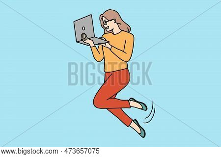 Businesswoman Float In Air Work On Computer. Smiling Woman Employee Levitate Busy With Laptop Job. F