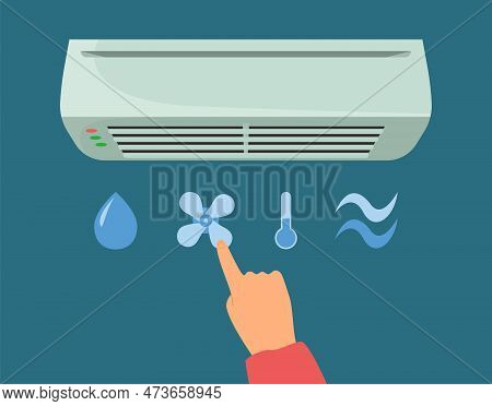 Hand Of Person Choosing Air Conditioner Mode Vector Illustration. Dry, Fan, Cooling Settings Of Air 
