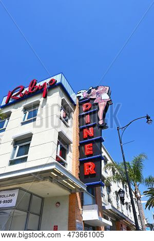 Brea, California - 28 Mar 2023: Rubys American Diner Sign Closeup In Downtown Brea, A 1940s Style Ch
