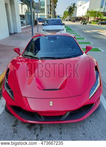 Los Angeles, California Usa - March 24, 2021: Red Ferrari F8 Tributo Top Front View.
