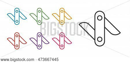 Set Line Swiss Army Knife Icon Isolated On White Background. Multi-tool, Multipurpose Penknife. Mult