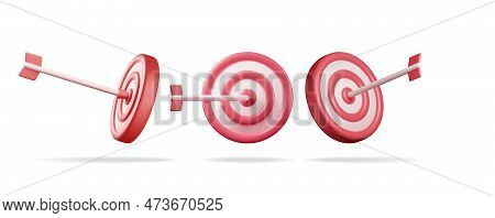 3d Set Of Target With Arrow In Center Icons. Render Collection Of Dartboard With Arrow. Goal Setting